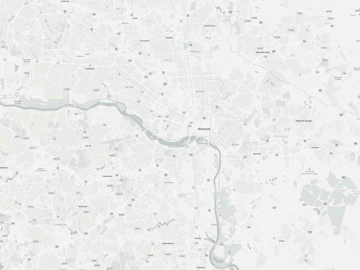 Street map of Richmond, Virginia with the Storm Shield Roofing office marked and a pin on each neighborhood they serve
